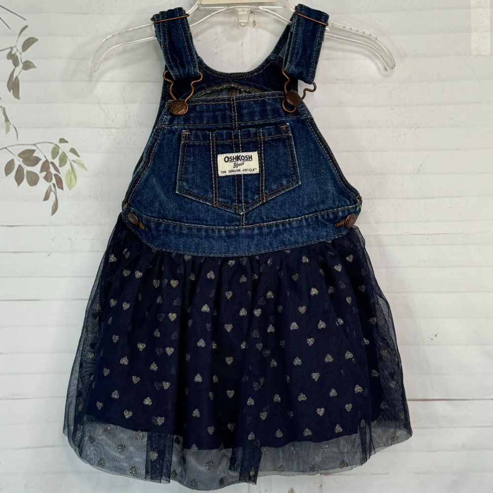 OshKosh B'gosh Toddler Girls Blue Denim Vest bak Overall Heart Dress 18 Months